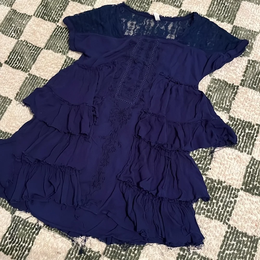 Free People MINI DRESS TOP TUNIC SHIRT Sunbeams Navy Blue
